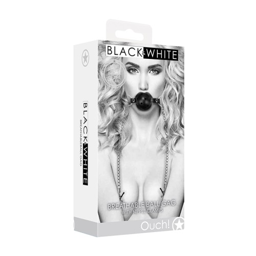 Ouch! Breathable Ball Gag with Nipple Clamps for Exciting Adventures
