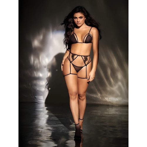 Mesh Top W/adjustable Coverage, Garter Belt & Thong Black S/m
