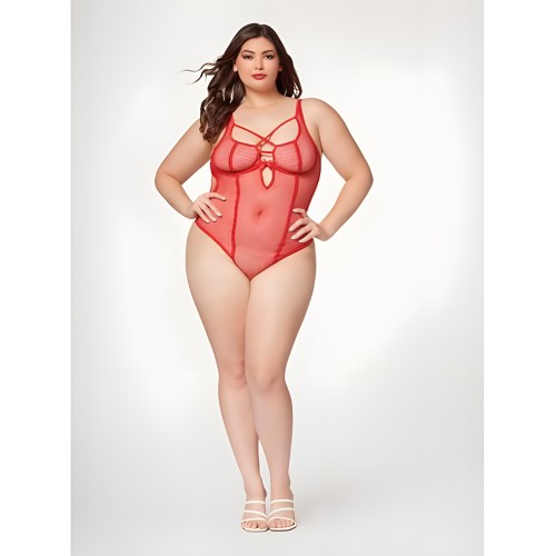 Fishnet Strappy High Cut Leg Teddy Red 3X/4X