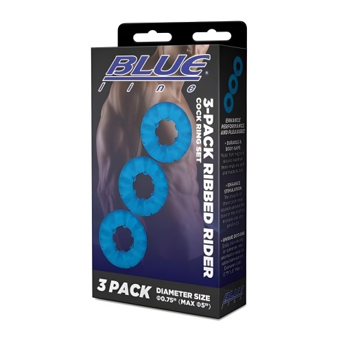 Blue Line Ribbed Rider Cock Ring Set - Enhanced Pleasure