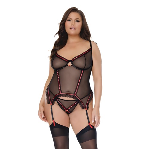 Mesh Underwire Garterbelt Bustier with G-String - Black 3X/4X