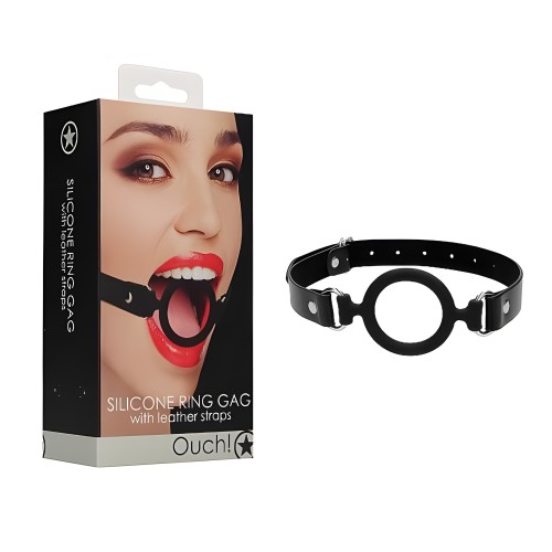 Ouch! Silicone Ring Gag With Leather Straps - Black