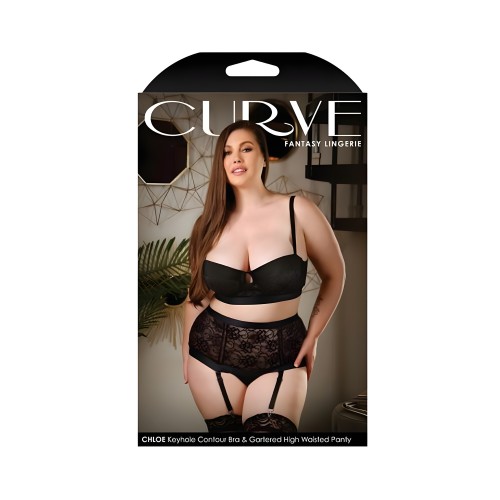 Curve Chloe Keyhole Bra & Gartered Panty Black 3x/4x