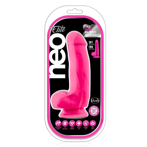 Neo Elite - Pene de Silicona de Densidad Dual de 7 Pulgadas con Bolas - Rosa Neón