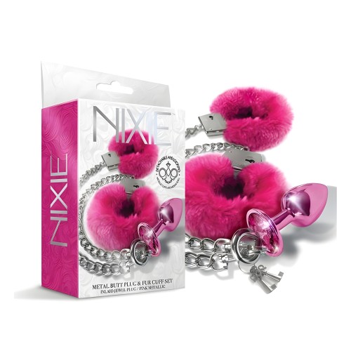 Metal Butt Plug & Furry Handcuff Set - Bondage Play