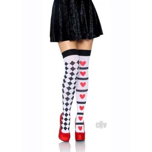 Harlequin Heart Thigh Highs White Red