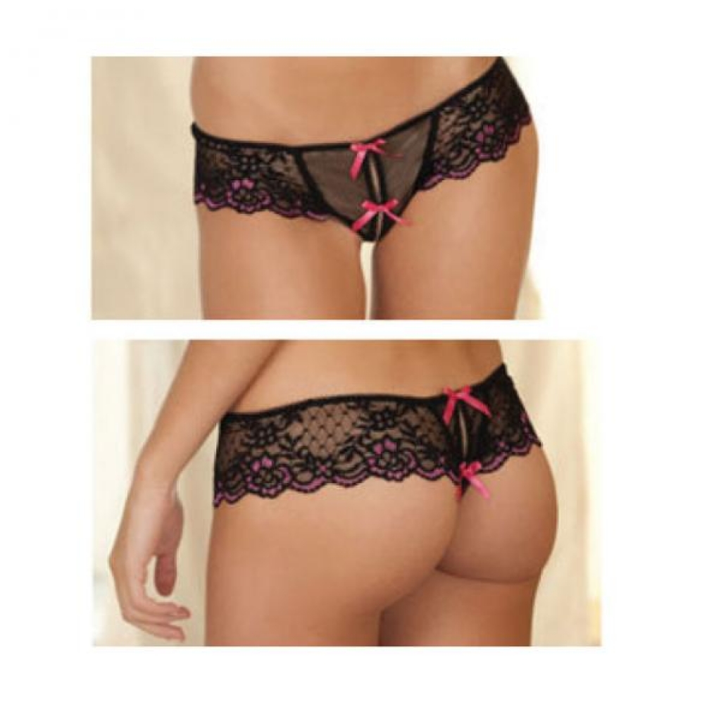 Crotchless Lace Thong with Bows Black M/L - Babydolls & Slips