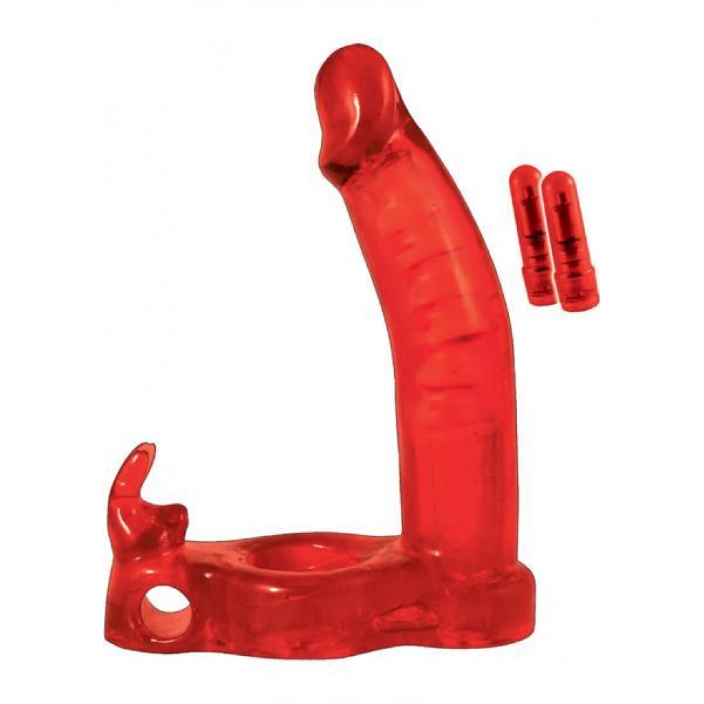 Double Penetrator Rabbit Cockring Vibrating Waterproof Red - Double Penetration Penis Rings