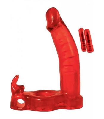 Double Penetrator Rabbit Cockring Vibrating Waterproof Red - Double Penetration Penis Rings