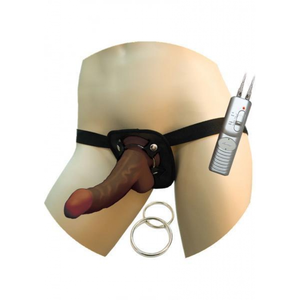 Real Skin Afro American Whoppers Vibrating 8 Inch Dong With Harness - Brown - Harness & Dong Sets