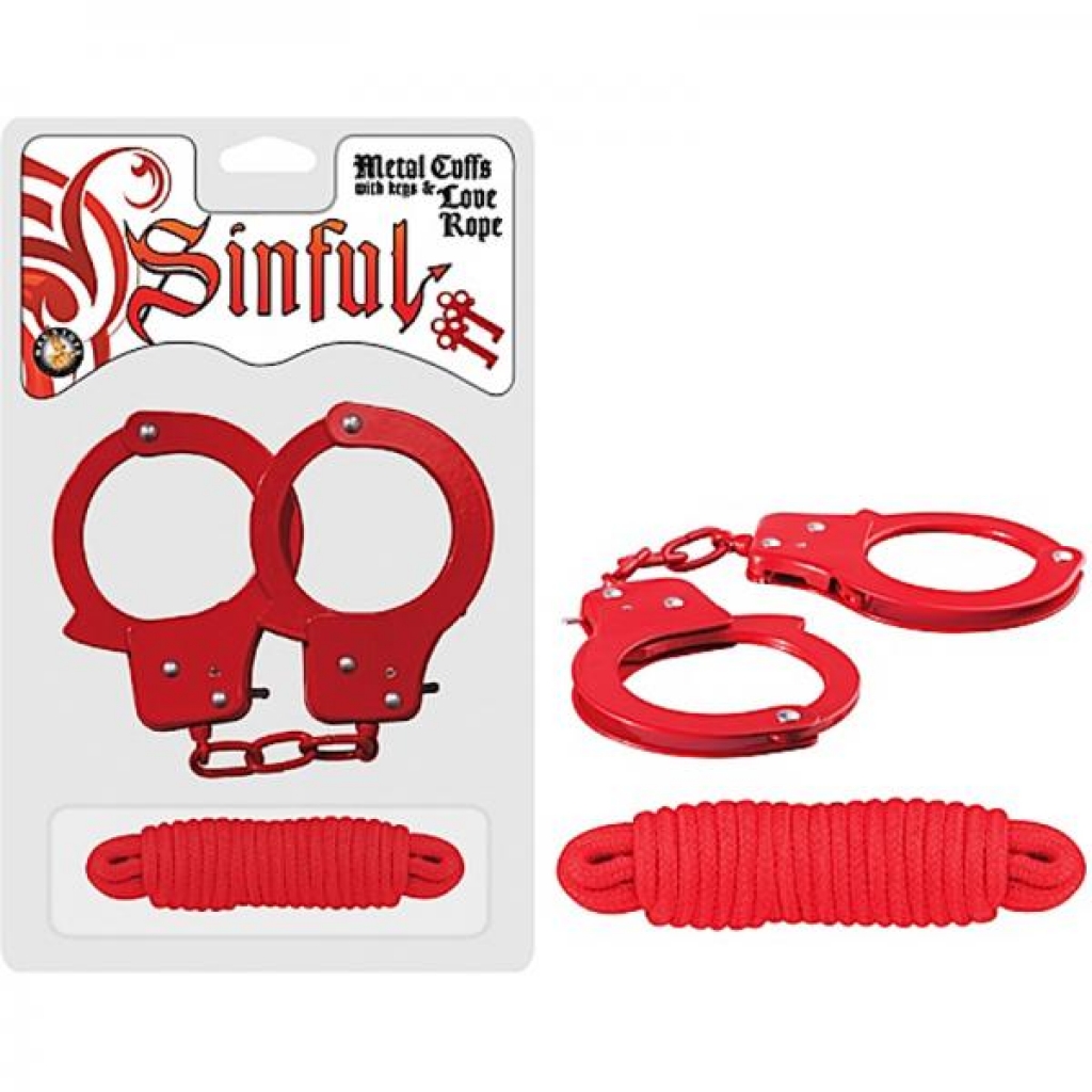 Sinful Metal Cuffs W/keys & Love Rope Red - Handcuffs