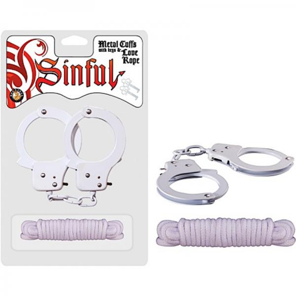 Sinful Metal Cuffs W/keys & Love Rope White - BDSM Kits