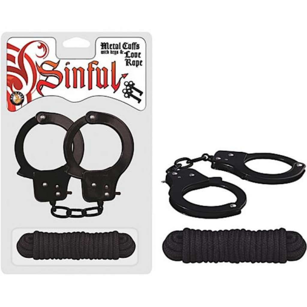 Sinful Metal Cuffs W/keys & Love Rope Black - BDSM Kits