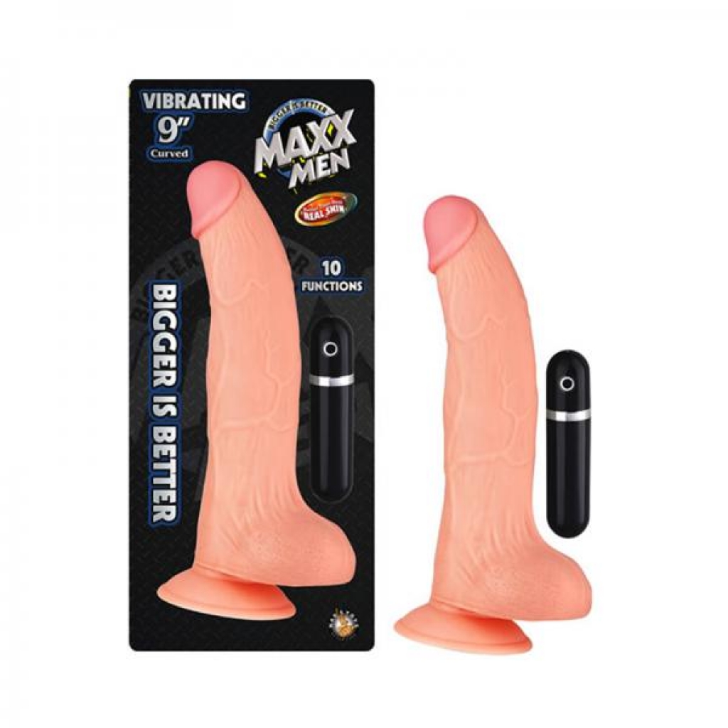 Maxx Men Vibrating 9in Curved Dong 10 Fuction Waterproof Flesh - Realistic