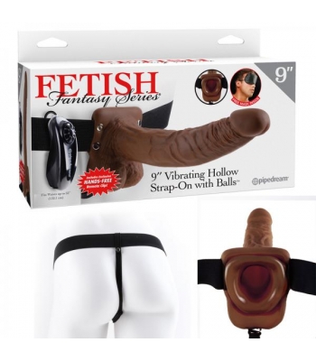 Fetish Fantasy 9in Vibrating Hollow Strap-on With Balls Brown - Hollow Strap-ons