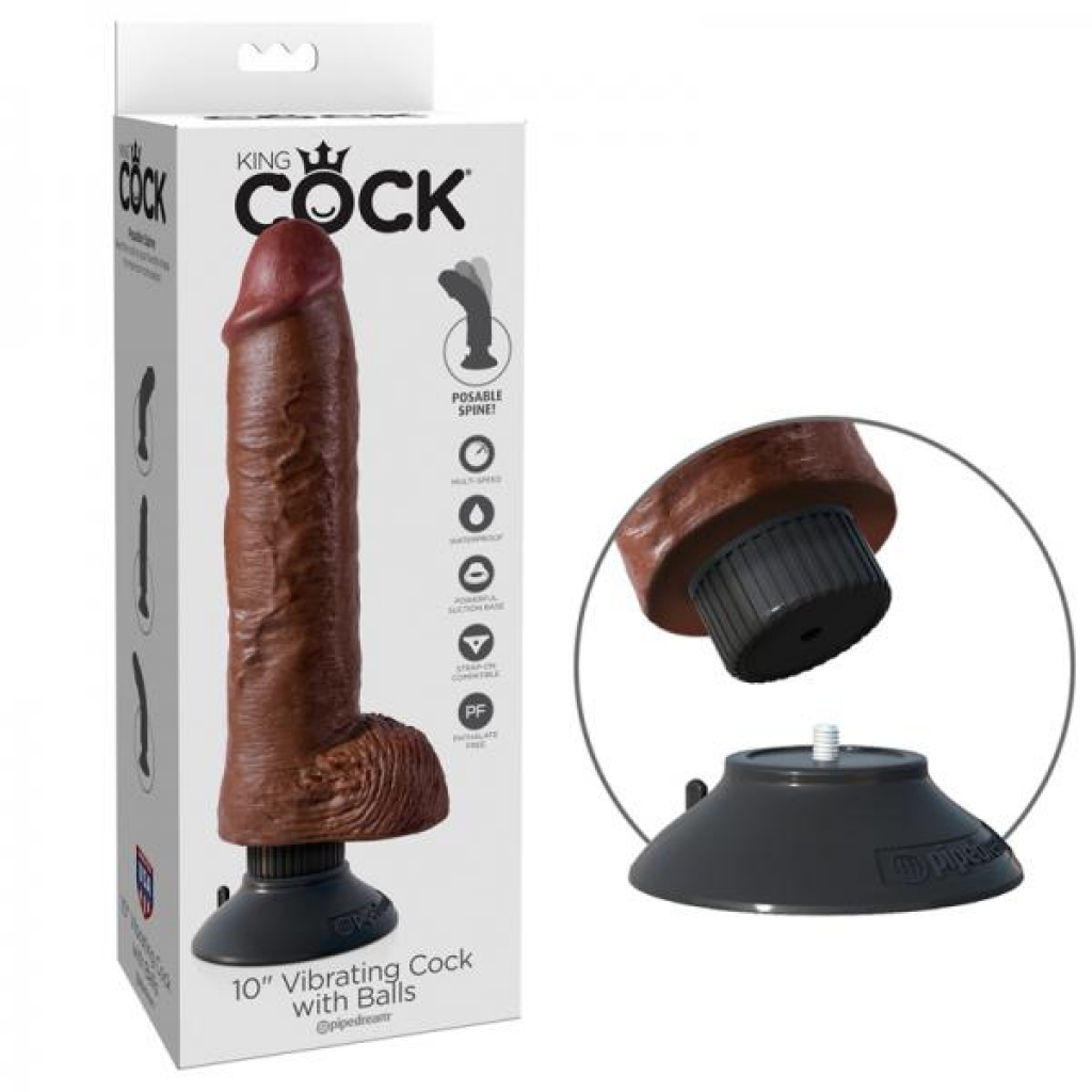 King Cock 10in Vibrating Cock W/balls Brown - Realistic