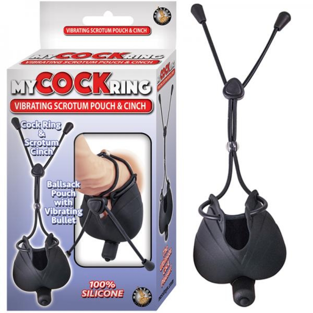 My Cock Ring Vibrating Scrotum Pouch & Cinch With Bullet Silicone Waterproof Black - Mens Cock & Ball Gear