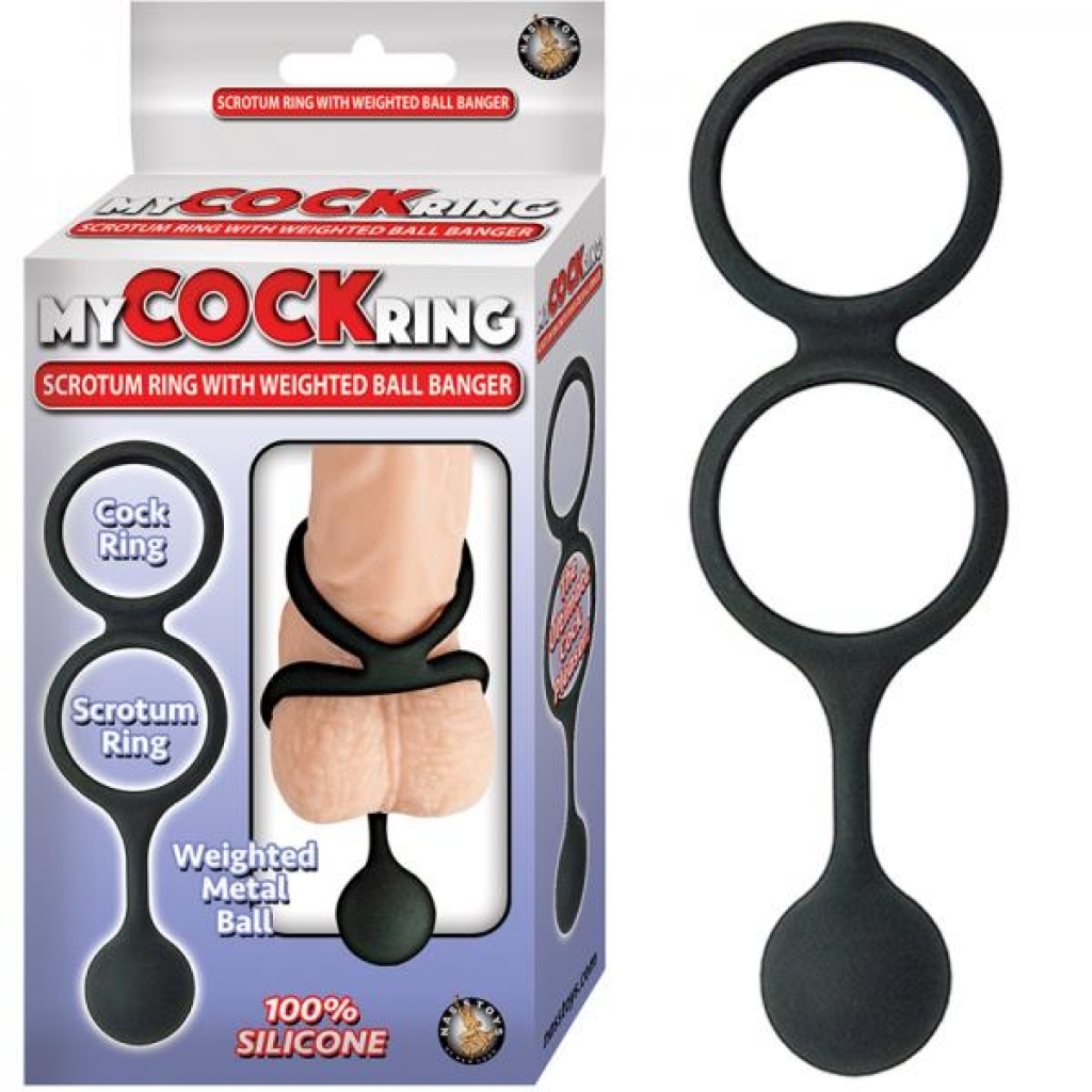 My Cock Ring Scrotum Ring With Weighted Ball Banger Silicone Black - Couples Vibrating Penis Rings