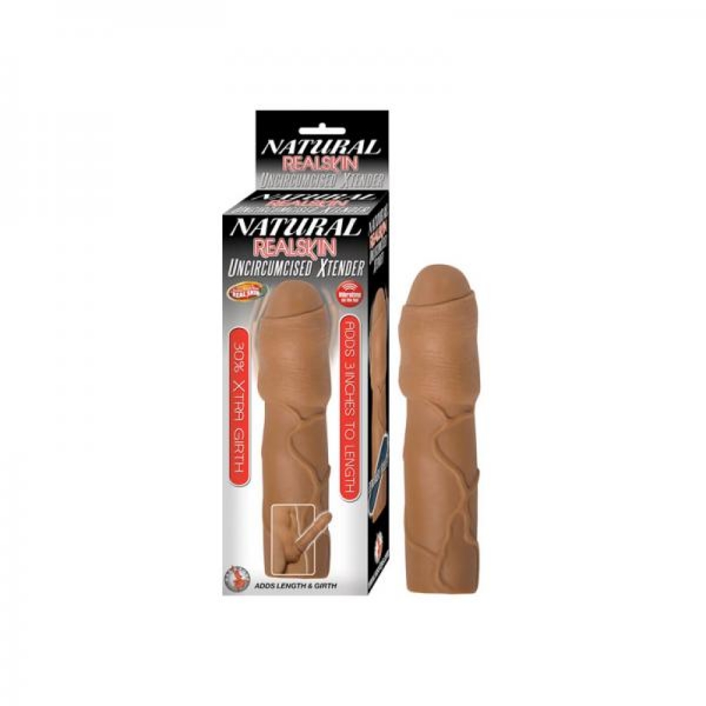 Natural Realskin Uncircumcised Xtender Removable Bullet Waterproof Brown - Penis Extensions