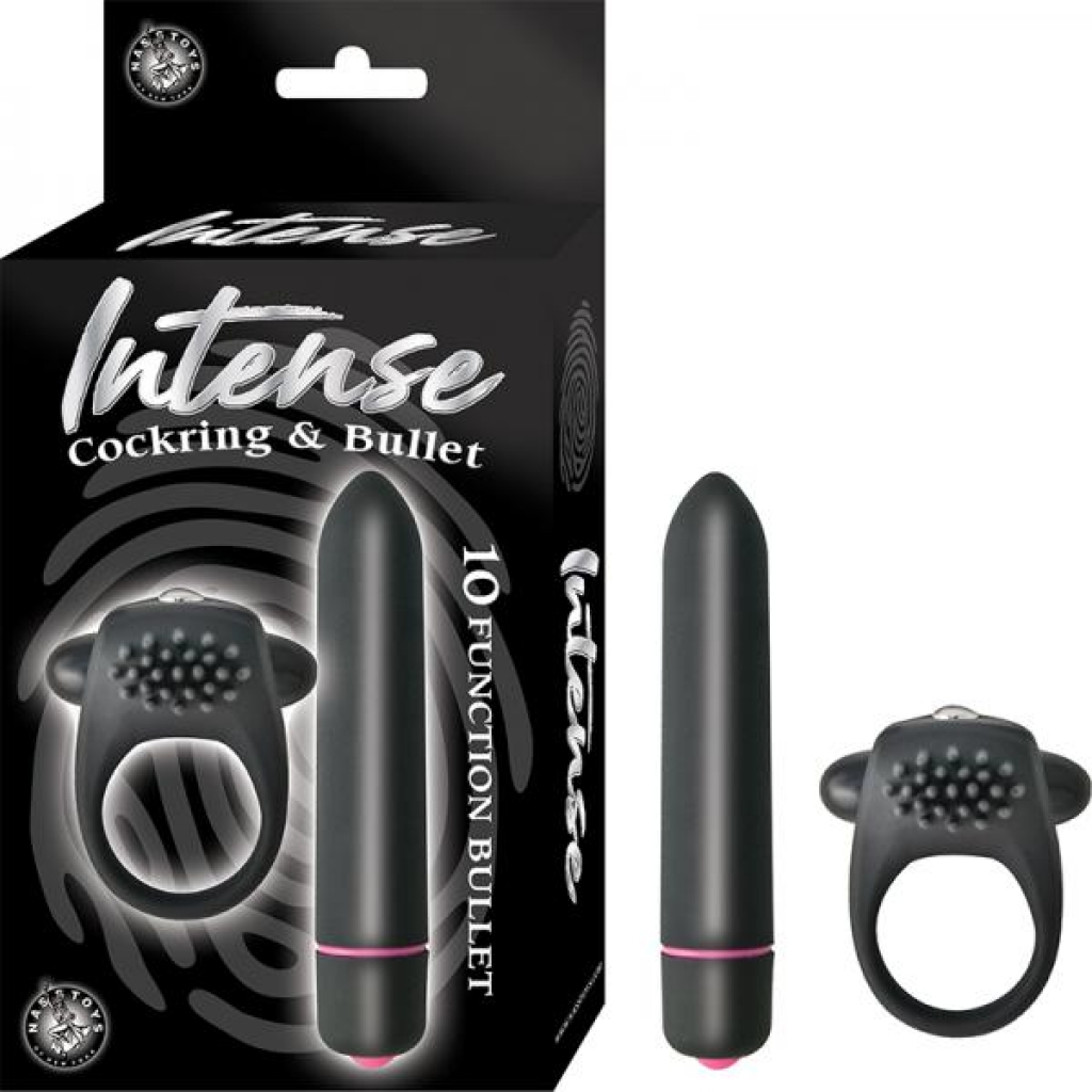 Intense Cockring And Bullet 10 Function Bullet Waterproof Black - Couples Vibrating Penis Rings