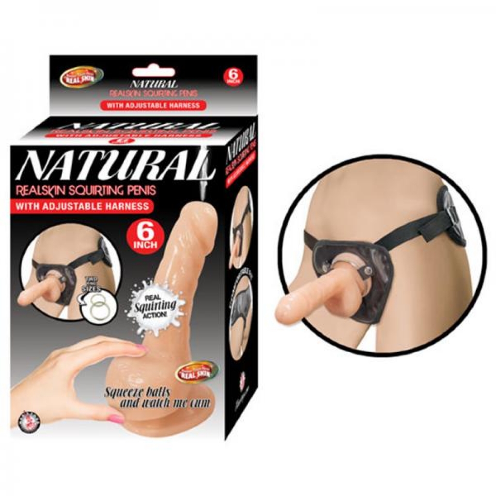 Natural Realskin Squirting Penis W/adjustable Harness 6in Flesh - Harness & Dong Sets