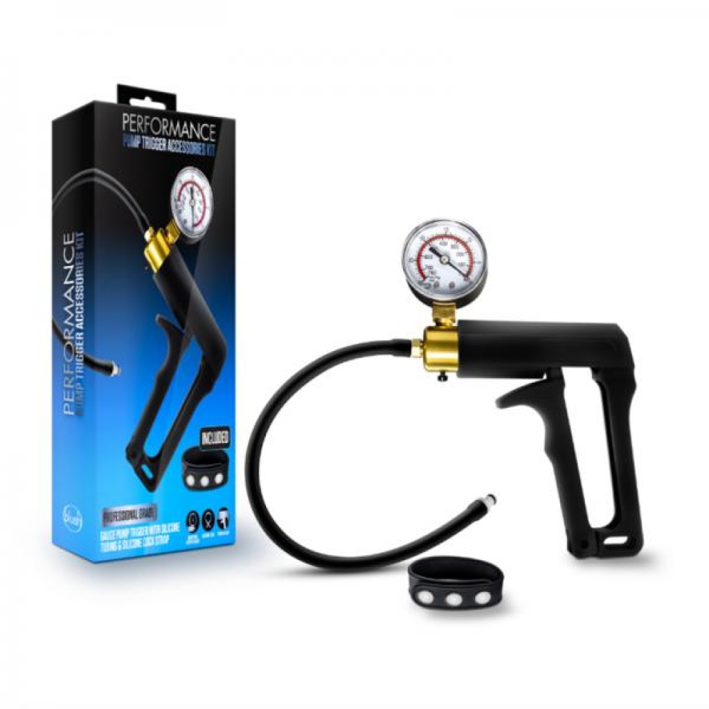 Performance - Gauge Pump Trigger With Silicone Tubing And Silicone Cock Strap - Black - Penis Pump Accessories