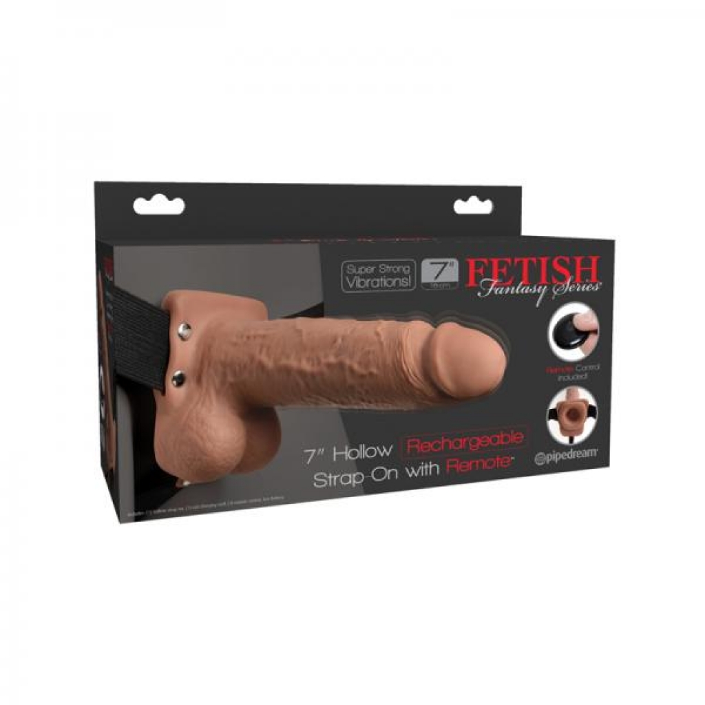 Fetish Fantasy 7in Hollow Rechargeable Strap-on With Remote, Tan - Harness & Dong Sets