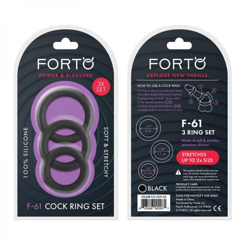 Forto F-61: 3 Piece C-ring Set 100% Silicone (1.2in,1.38in 1.57in) Black - Cock Ring Trios