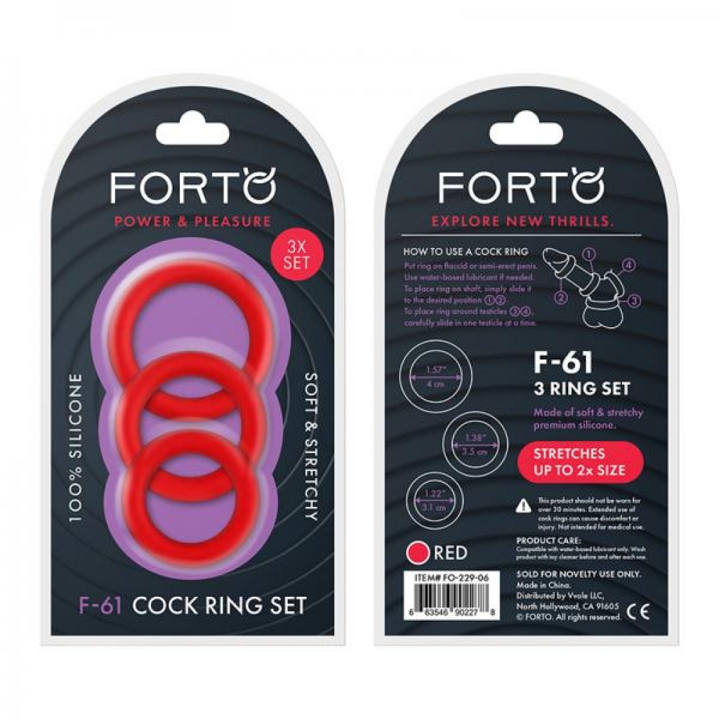 Forto F-61: 3 Piece C-ring Set 100% Silicone (1.2in, 1.38in 1.57in) Red - Cock Ring Trios