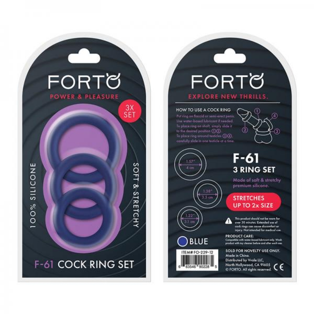 Forto F-61: 3 Piece C-ring Set 100% Silicone (1.2in, 1.38in 1.57in) Blue - Cock Ring Trios
