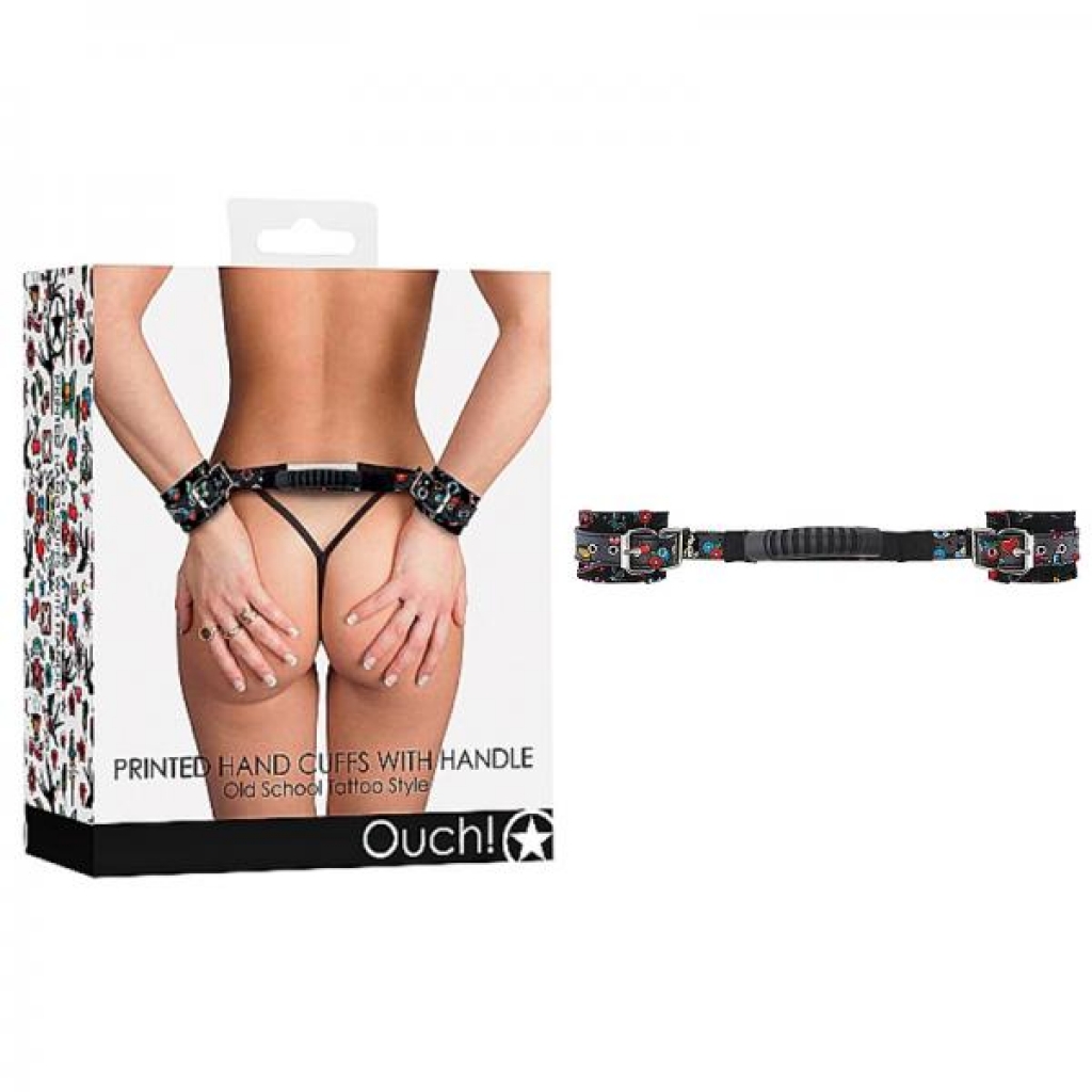 Ouch! Old School Tattoo Printed Cuffs W/ Strap Handle - Handcuffs