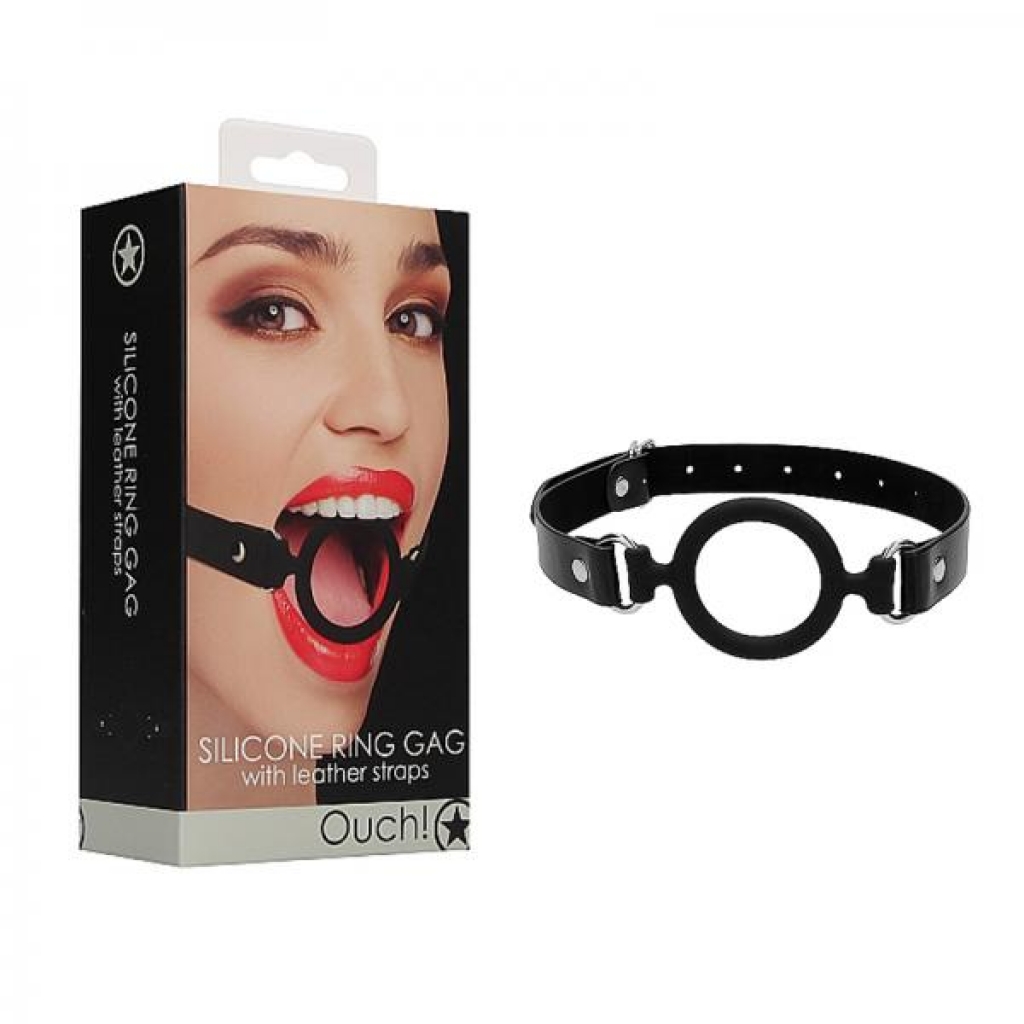 Ouch! Silicone Ring Gag With Leather Straps - Black - Ball Gags