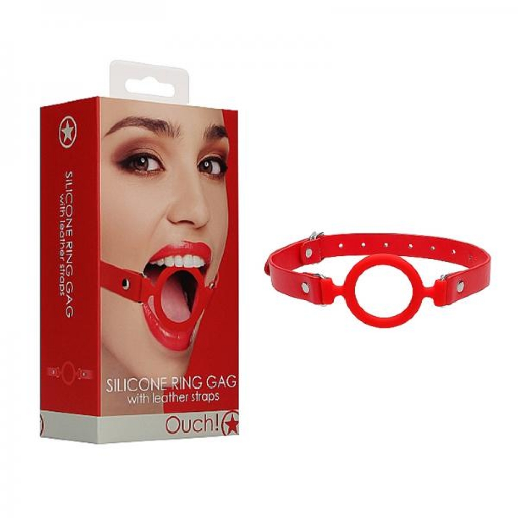 Ouch Silicone Ring Gag With Leather Straps - Red - Ball Gags