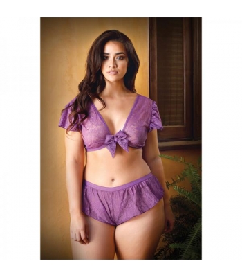 Curve Kate Lace Tie Front Crop Top With Matching Tap Panty 1x/2x Amethyst - Bra Sets
