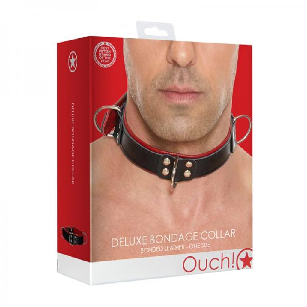 Ouch Deluxe Bondage Collar - One Size - Red - Collars & Leashes