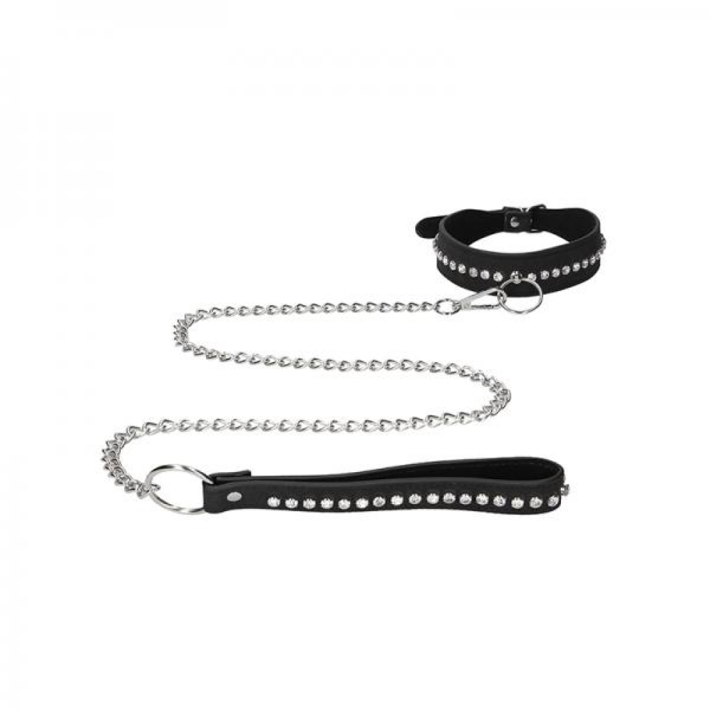Ouch Diamond Studded Collar With Leash - Black - Collars & Leashes
