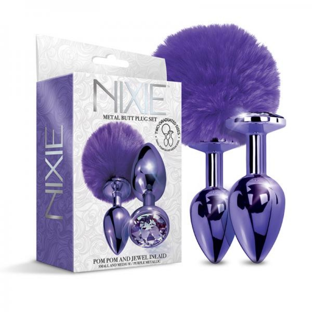 Nixie Metal Butt Plug Set Pom Pom And Jewel-inlaid Metallic Purple - Anal Plugs