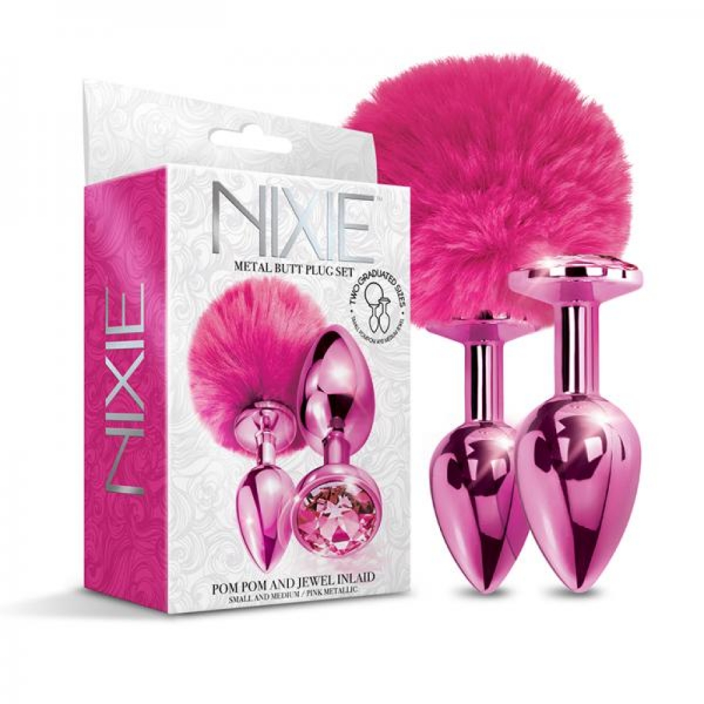 Nixie Metal Butt Plug Set Pom Pom And Jewel-inlaid Metallic Pink - Anal Plugs