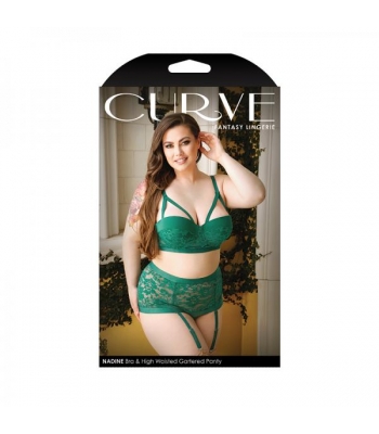 Curve Nadine Longline Contour Cup Bra & High Waist Panty With Removable Garters Emerald 1x/2x - Bra Sets