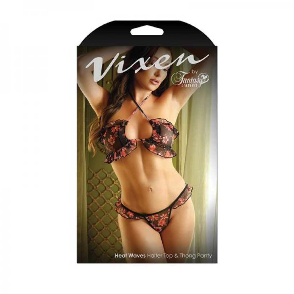 Vixen Heat Waves Floral Print Ruffled Bralette & Matching Thong Panty Black O/s - Babydolls & Slips