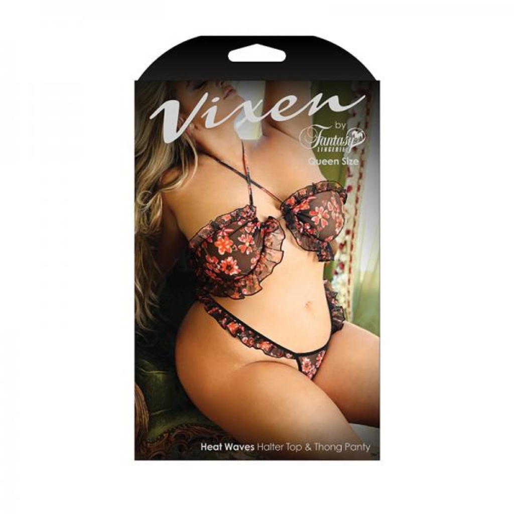 Vixen Heat Waves Floral Print Ruffled Bralette & Matching Thong Panty Black Queen - Babydolls & Slips