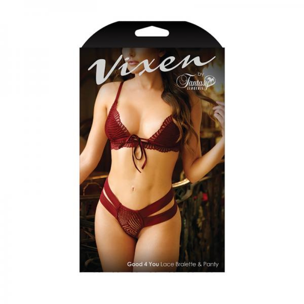 Vixen Good 4 You Lace Triangle Bralette & Matching Panty With Double-strap Waistband Burgundy O/s - Bra Sets