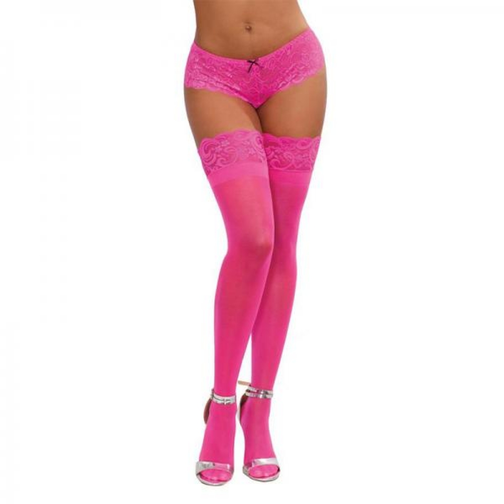 Dreamgirl Neon Pink Sheer Thigh-high Stockings With Silicone Lace Top Pink Os - Bodystockings, Pantyhose & Garters
