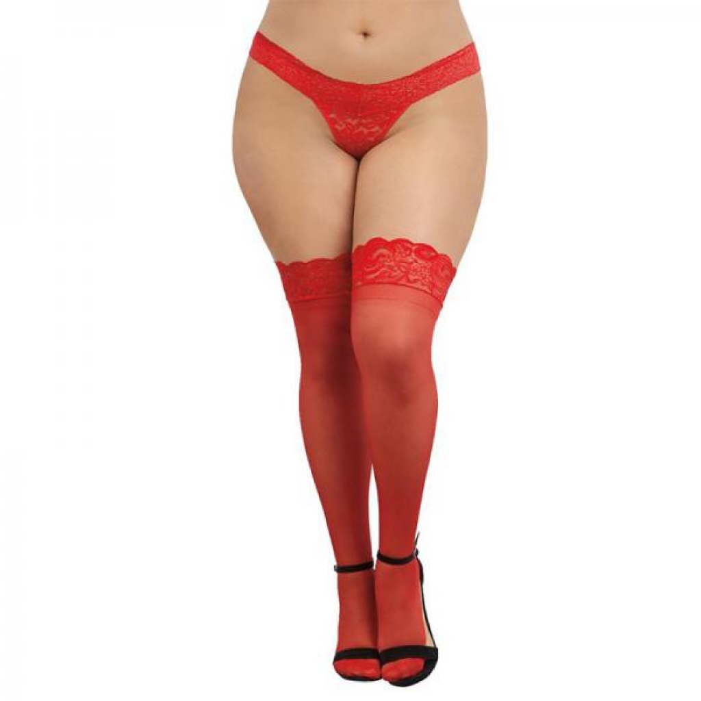 Dreamgirl Plus-size Sheer Thigh-high Stockings With Silicone Lace Top Red Queen - Bodystockings, Pantyhose & Garters