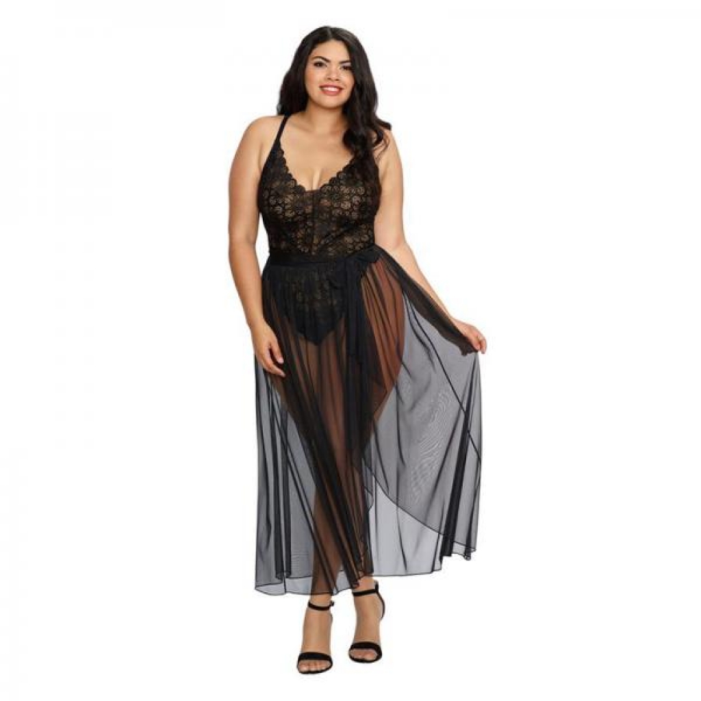Dreamgirl Plus-size Stretch Lace Teddy & Sheer Mesh Maxi Skirt With Adjustable Straps & G-string Bla - Teddies