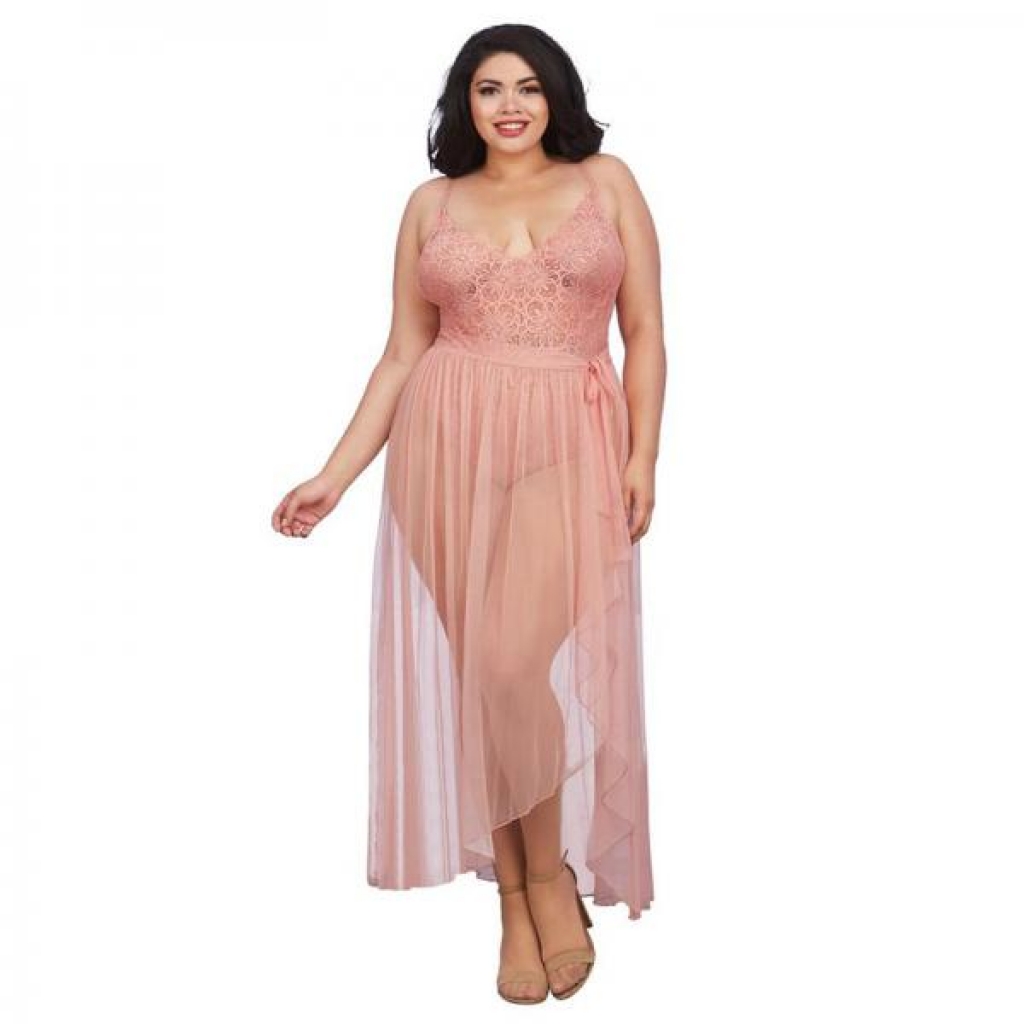 Dreamgirl Plus-size Stretch Lace Teddy & Sheer Mesh Maxi Skirt With Adjustable Straps & G-string Ros - Teddies