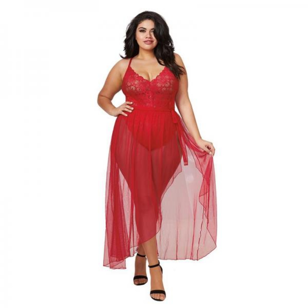 Dreamgirl Plus-size Stretch Lace Teddy & Sheer Mesh Maxi Skirt With Adjustable Straps & G-string Rou - Teddies