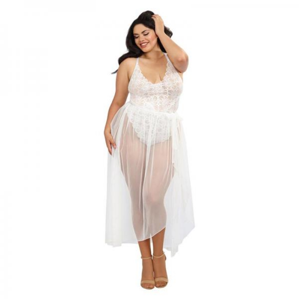 Dreamgirl Plus-size Stretch Lace Teddy & Sheer Mesh Maxi Skirt With Adjustable Straps & G-string Whi - Teddies