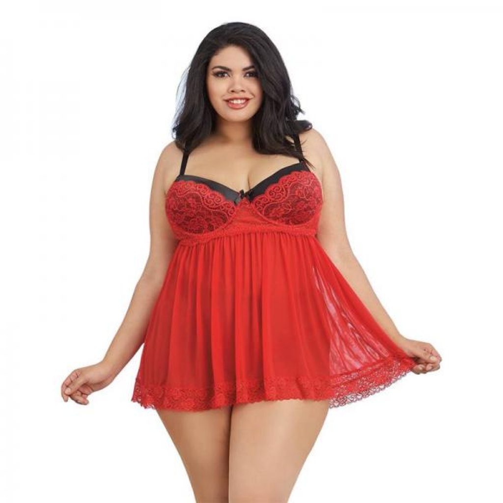 Dreamgirl Plus-size Stretch Mesh And Lace Babydoll With Underwire Push-up Cups, G-string, And Lace O - Babydolls & Slips