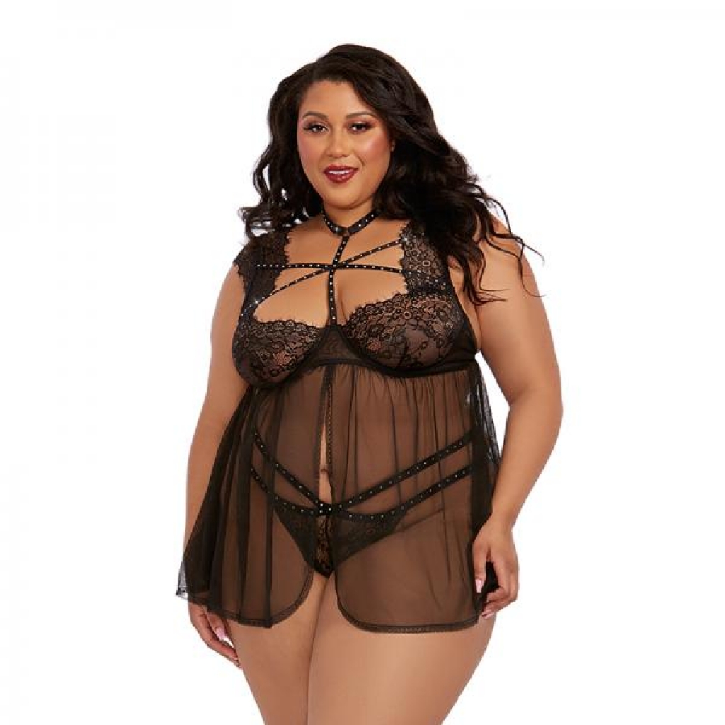 Dreamgirl Plus-/size Lace Babydoll With Thong Black 1x Hanging - Babydolls & Slips